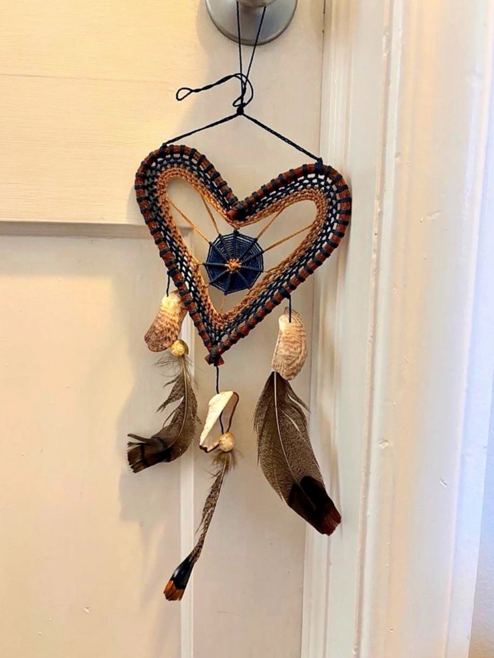 Heart-Shaped Feather Wall Decor in Blue & Brown